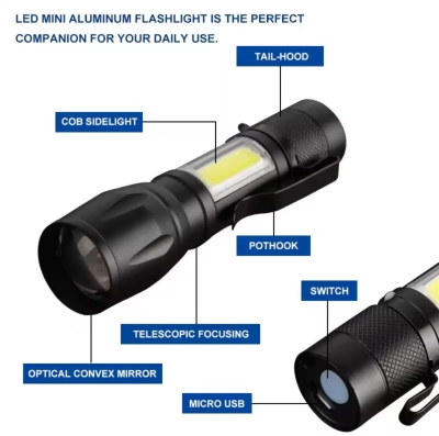 High Power Mini Flashlight Rechargeable USB Zoomable Torch COB+XPE Waterproof Outdoor Light - 3